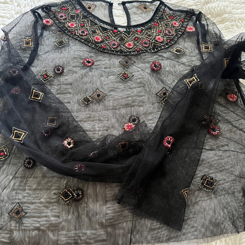 Embroidered Black Mesh Top